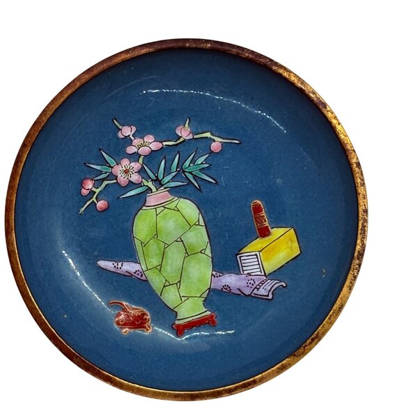 Vintage Cloisonné Trinket Dish With Floral Vase Design & Gold Trim - Picture 3 of 6